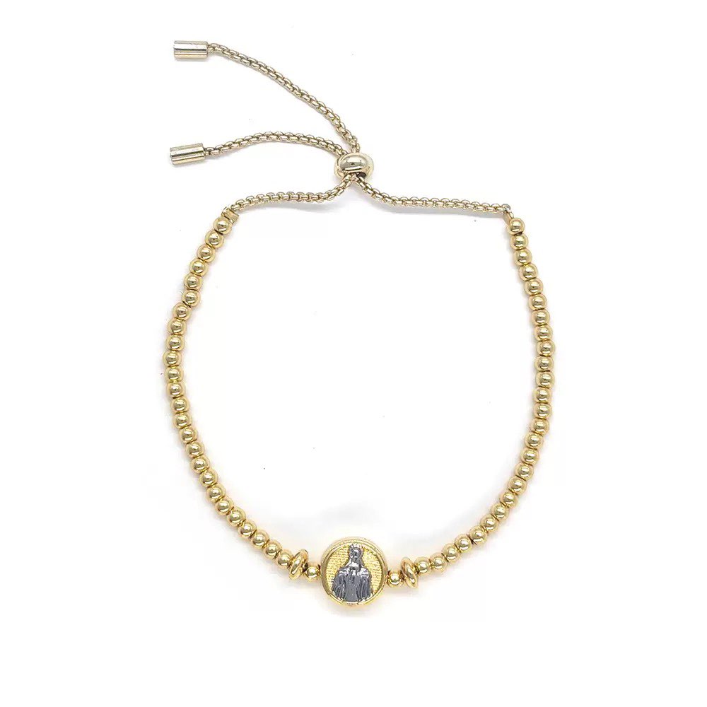 Unisex Cross Bracelet With Bezel Setting In Copper Featuring 18K Real Gold Plated PVD Coated Beaded Chain 7