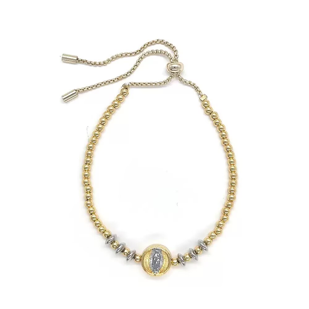 Unisex Cross Bracelet With Bezel Setting In Copper Featuring 18K Real Gold Plated PVD Coated Beaded Chain 8