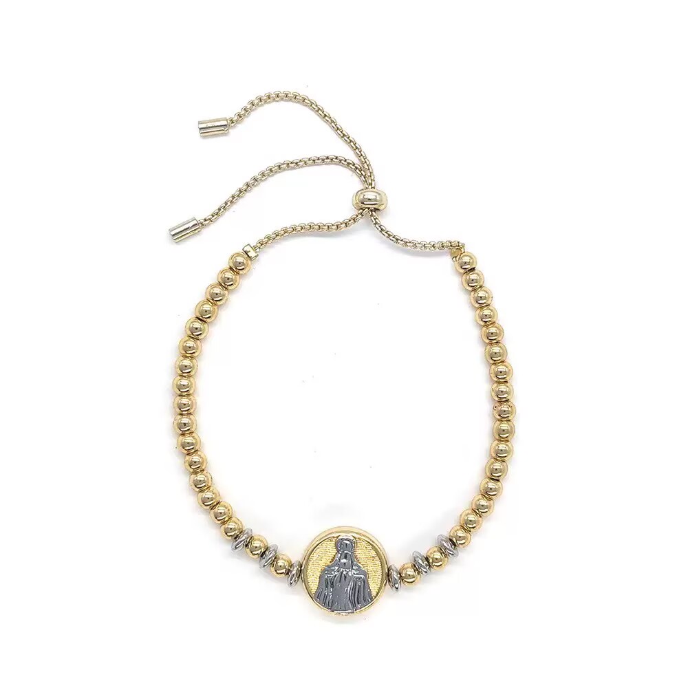 Unisex Cross Bracelet With Bezel Setting In Copper Featuring 18K Real Gold Plated PVD Coated Beaded Chain 9