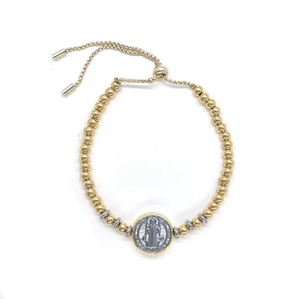 Unisex Cross Bracelet With Bezel Setting In Copper Featuring 18K Real Gold Plated PVD Coated Beaded Chain 10