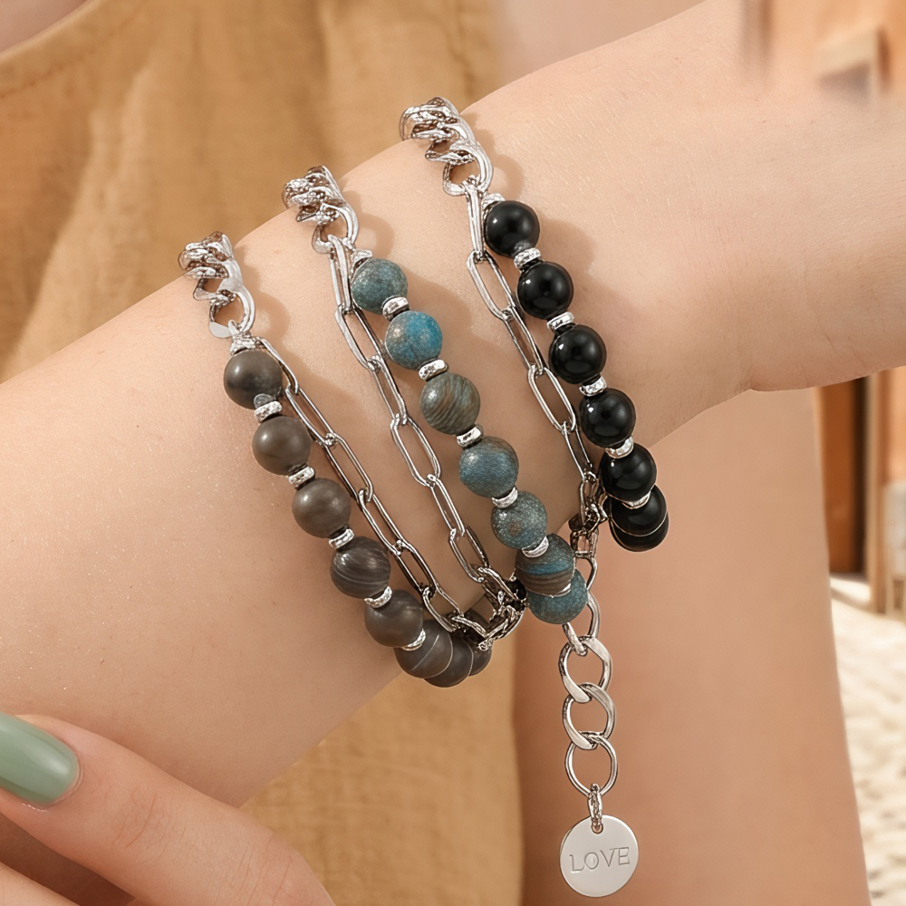 Unisex Geometric Beaded Chain Bracelet In Copper With Rhodium Electroplated Finish