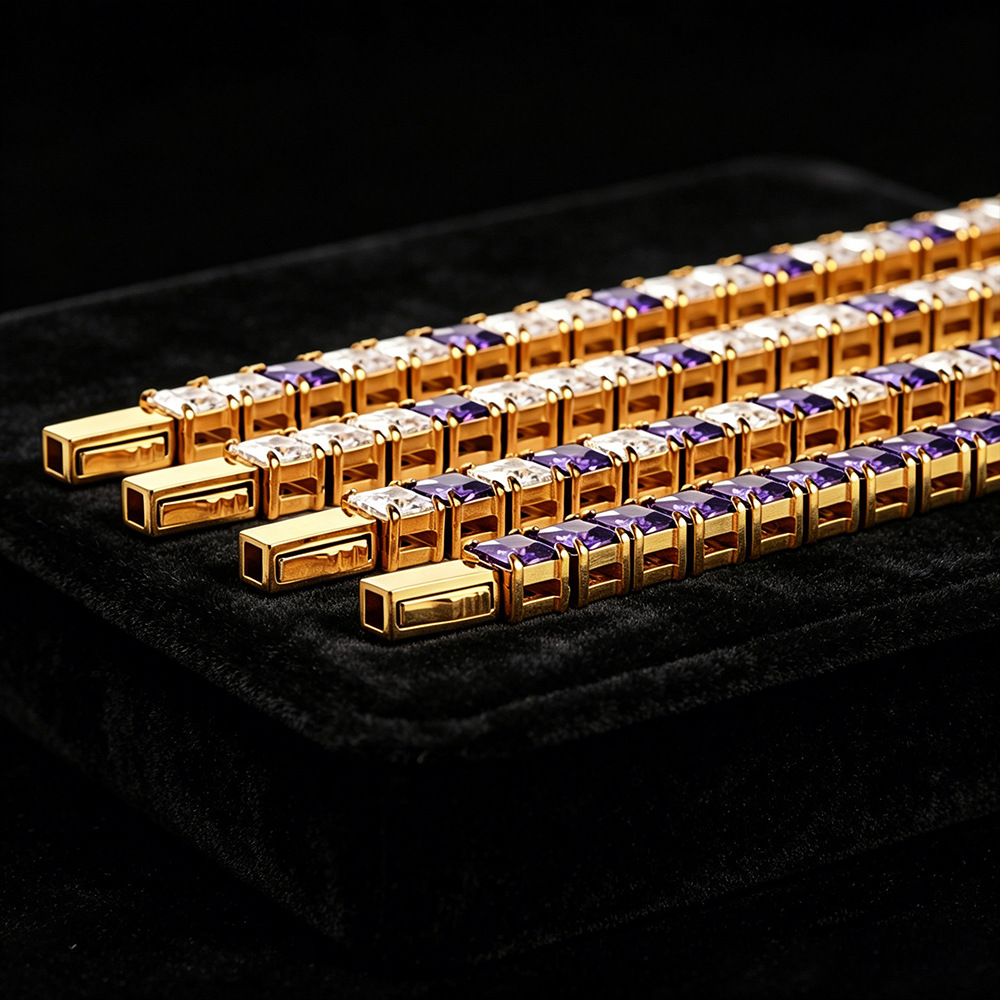 Unisex Gold Quadrilateral Tennis Bracelet With Zircon Inlay, 304 Stainless Steel Tennis Chain 3