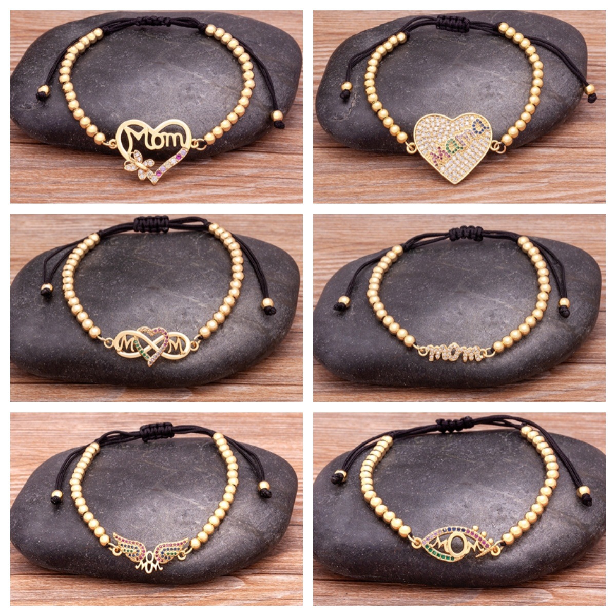 Unisex Heart Shape Beaded Bracelet With Slider Chain, 18K Real Gold Plated Copper And Zircon Inlay, Electroplated Finish