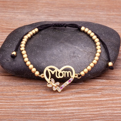 Unisex Heart Shape Beaded Bracelet With Slider Chain, 18K Real Gold Plated Copper And Zircon Inlay, Electroplated Finish 2