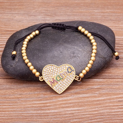 Unisex Heart Shape Beaded Bracelet With Slider Chain, 18K Real Gold Plated Copper And Zircon Inlay, Electroplated Finish 3