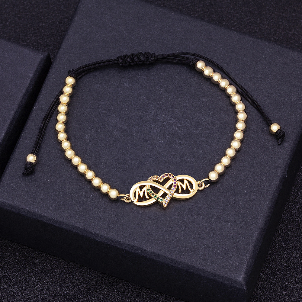 Unisex Heart Shape Beaded Bracelet With Slider Chain, 18K Real Gold Plated Copper And Zircon Inlay, Electroplated Finish 4