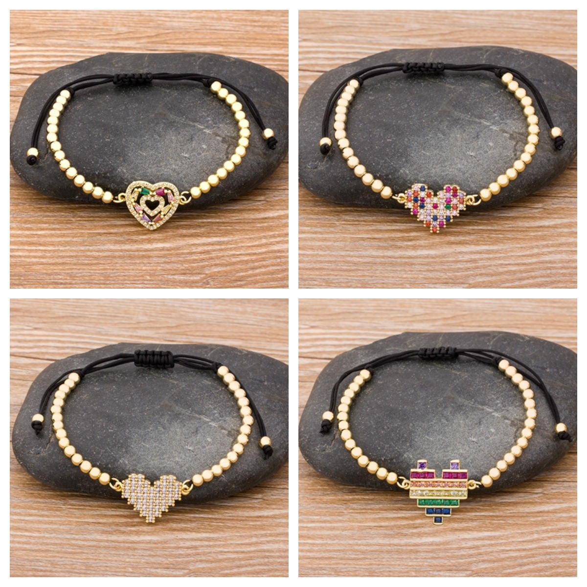 Unisex Heart Shape Beaded Bracelet With Woven Chain, 18K Real Gold Plated Copper And Zircon Inlay, Electroplated Finish