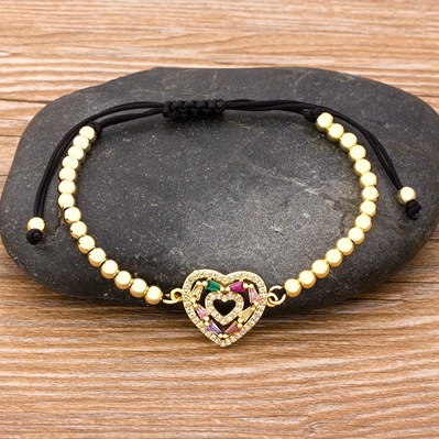 Unisex Heart Shape Beaded Bracelet With Woven Chain, 18K Real Gold Plated Copper And Zircon Inlay, Electroplated Finish 2