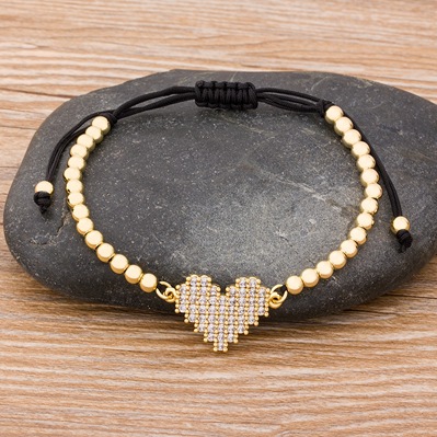 Unisex Heart Shape Beaded Bracelet With Woven Chain, 18K Real Gold Plated Copper And Zircon Inlay, Electroplated Finish 3