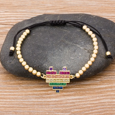 Unisex Heart Shape Beaded Bracelet With Woven Chain, 18K Real Gold Plated Copper And Zircon Inlay, Electroplated Finish 4