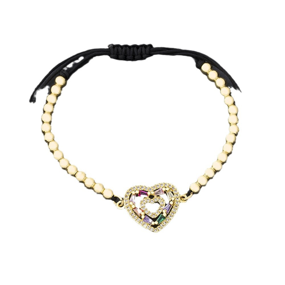 Unisex Heart Shape Beaded Bracelet With Woven Chain, 18K Real Gold Plated Copper And Zircon Inlay, Electroplated Finish 5