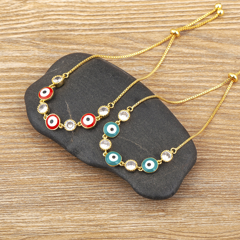 Unisex Heart Shape Enamel Bracelet With Zircon Inlay, 18K Real Gold Plated Copper, Electroplated Slider Chain