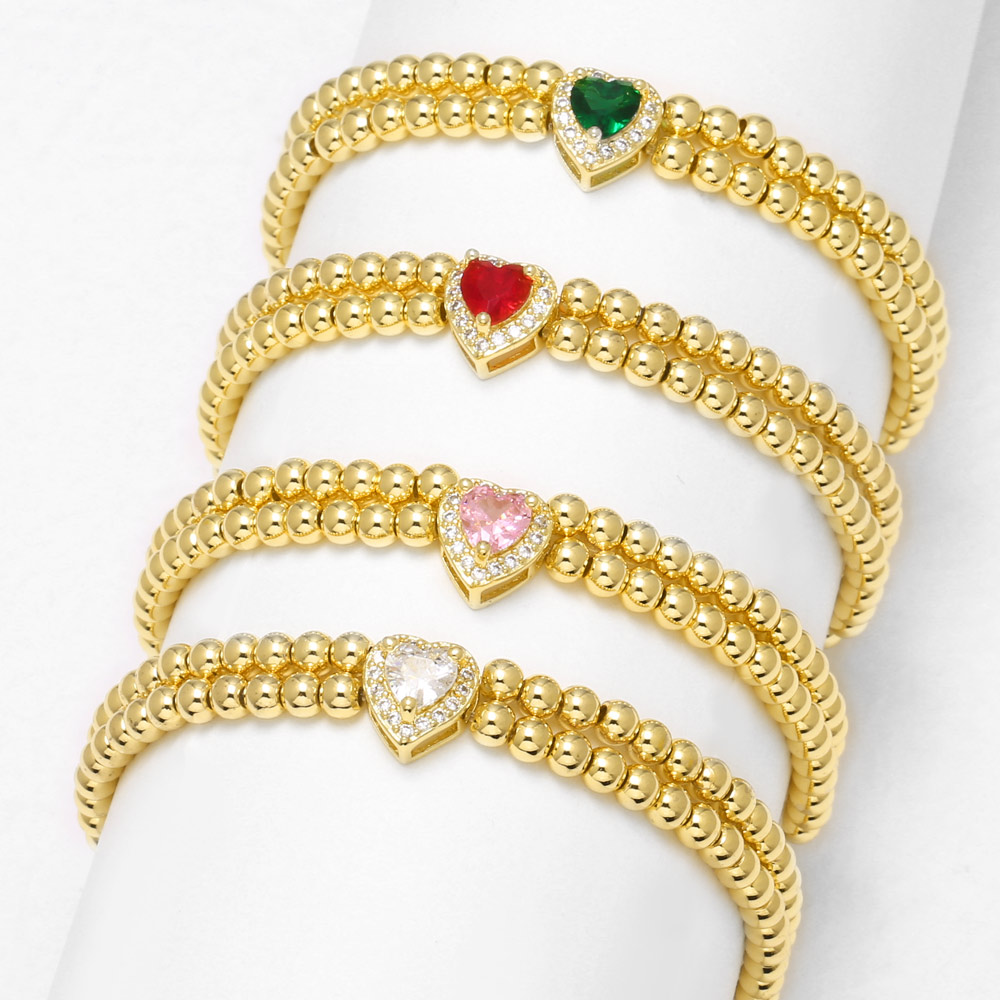 Unisex Heart Shape Beaded Chain Bracelet With Artificial Crystal Inlay, Copper Base, And 18K Real Gold Water Plating