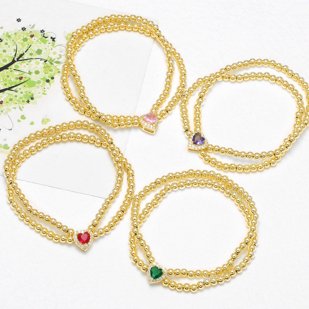 Unisex Heart Shape Beaded Chain Bracelet With Artificial Crystal Inlay, Copper Base, And 18K Real Gold Water Plating 3
