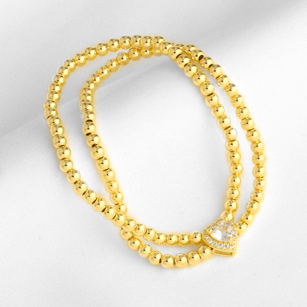 Unisex Heart Shape Beaded Chain Bracelet With Artificial Crystal Inlay, Copper Base, And 18K Real Gold Water Plating 5