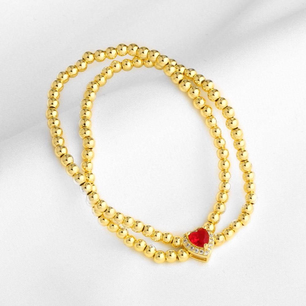 Unisex Heart Shape Beaded Chain Bracelet With Artificial Crystal Inlay, Copper Base, And 18K Real Gold Water Plating 6
