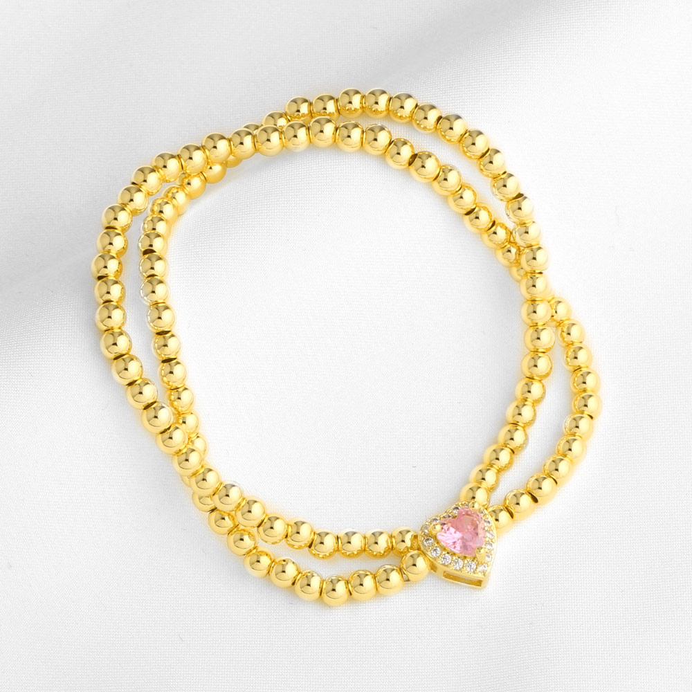 Unisex Heart Shape Beaded Chain Bracelet With Artificial Crystal Inlay, Copper Base, And 18K Real Gold Water Plating 7