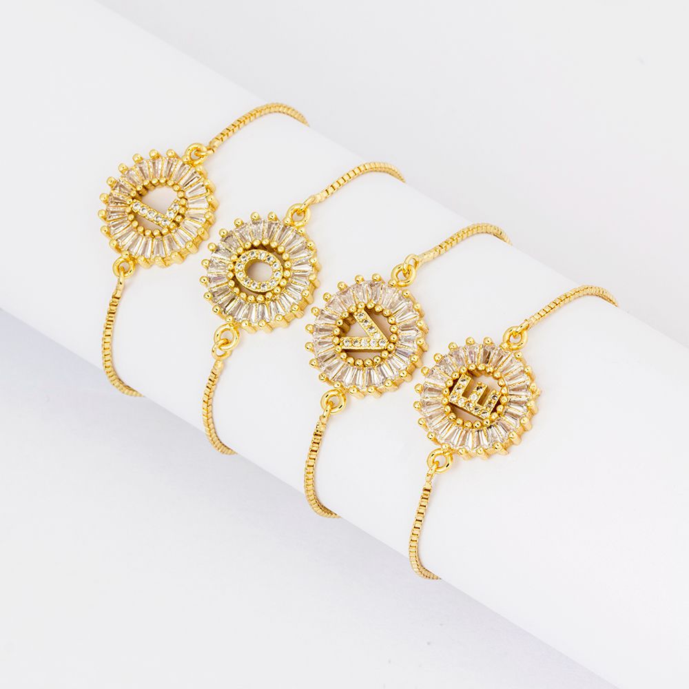 Unisex Letter Bracelet In Copper With 18K Real Gold Electroplated Finish Featuring Zircon Inlay