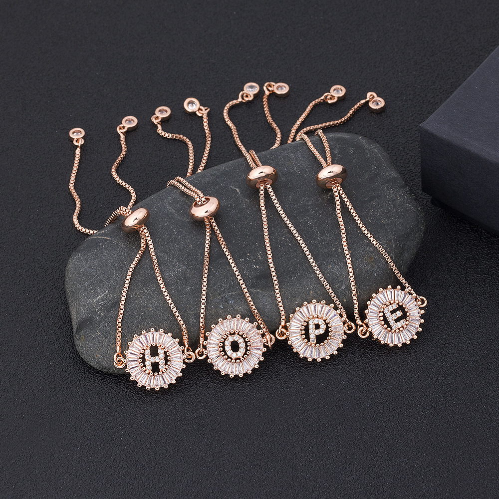 Unisex Letter Bracelet In Copper With 18K Real Gold Electroplated Finish Featuring Zircon Inlay 3