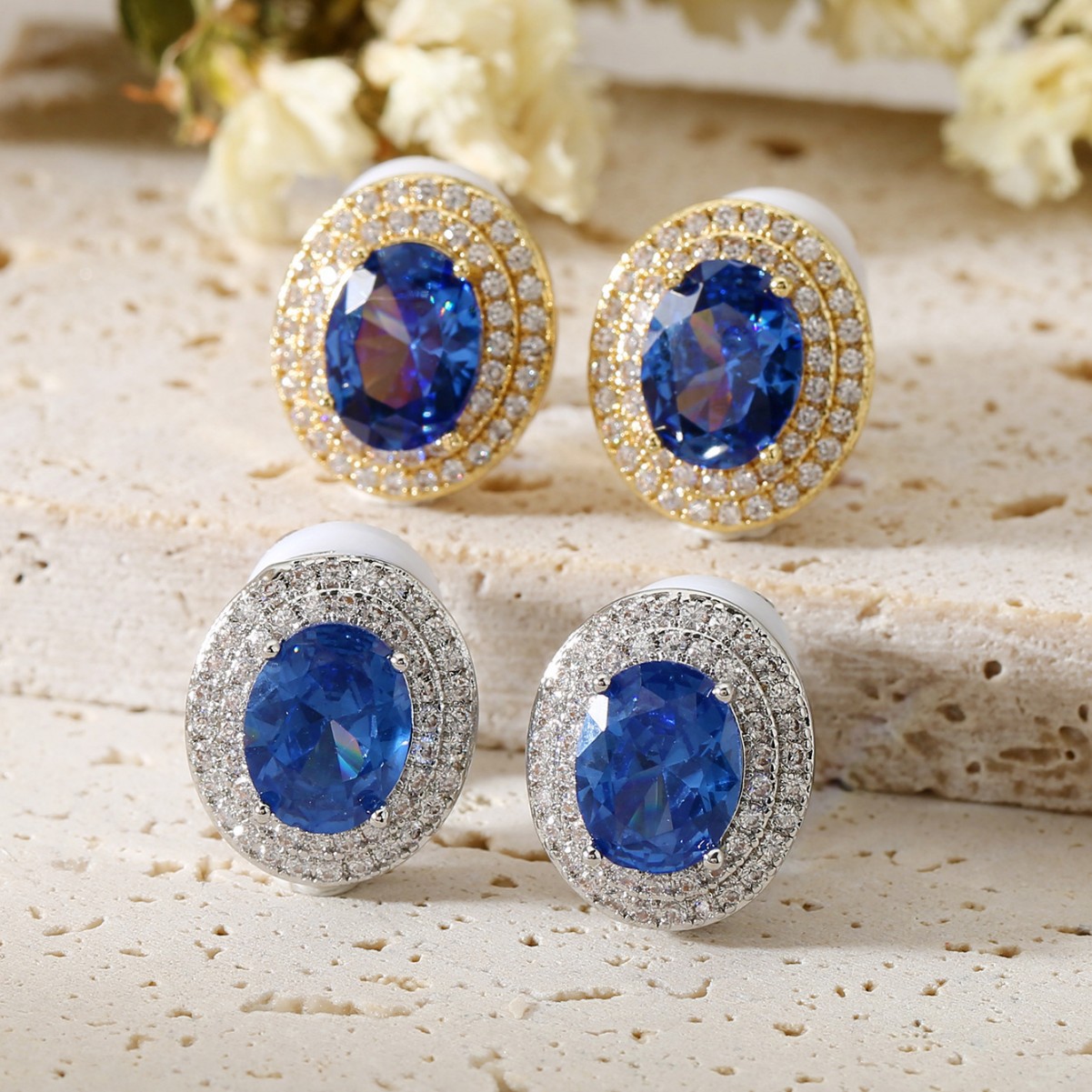 Unisex Oval Clip Earrings Featuring Electroplated Copper And Moissanite Inlay In Royal Blue