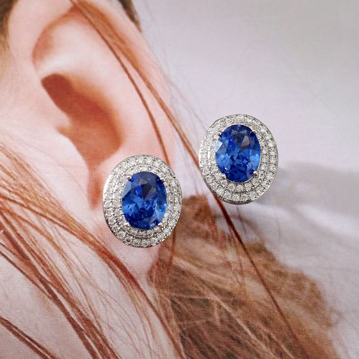 Unisex Oval Clip Earrings Featuring Electroplated Copper And Moissanite Inlay In Royal Blue 2