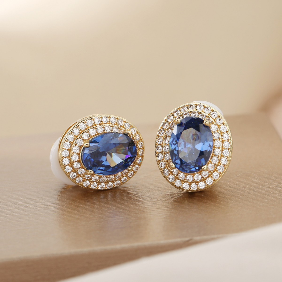 Unisex Oval Clip Earrings Featuring Electroplated Copper And Moissanite Inlay In Royal Blue 3