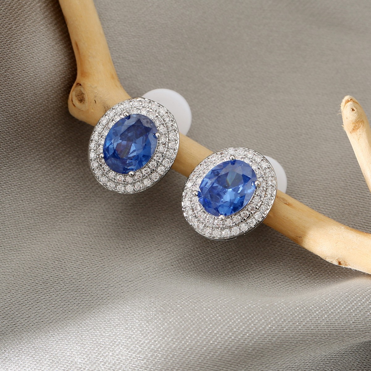 Unisex Oval Clip Earrings Featuring Electroplated Copper And Moissanite Inlay In Royal Blue 4