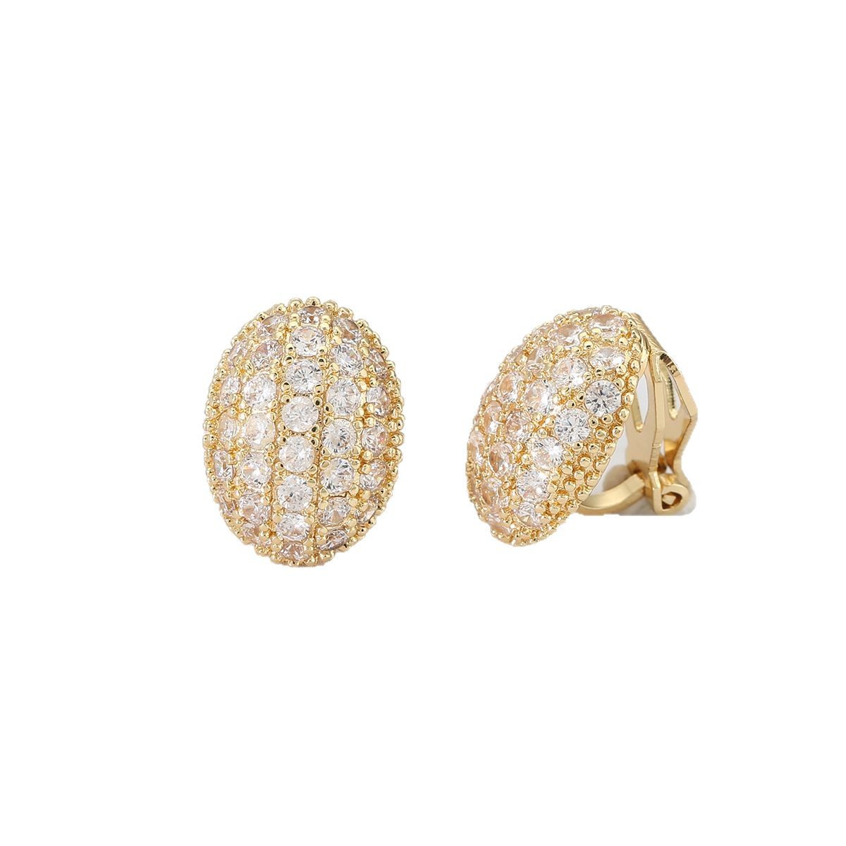 Unisex Oval Clip Earrings In Golden Copper With Electroplated Gold Plating And Rhinestone Inlay 5
