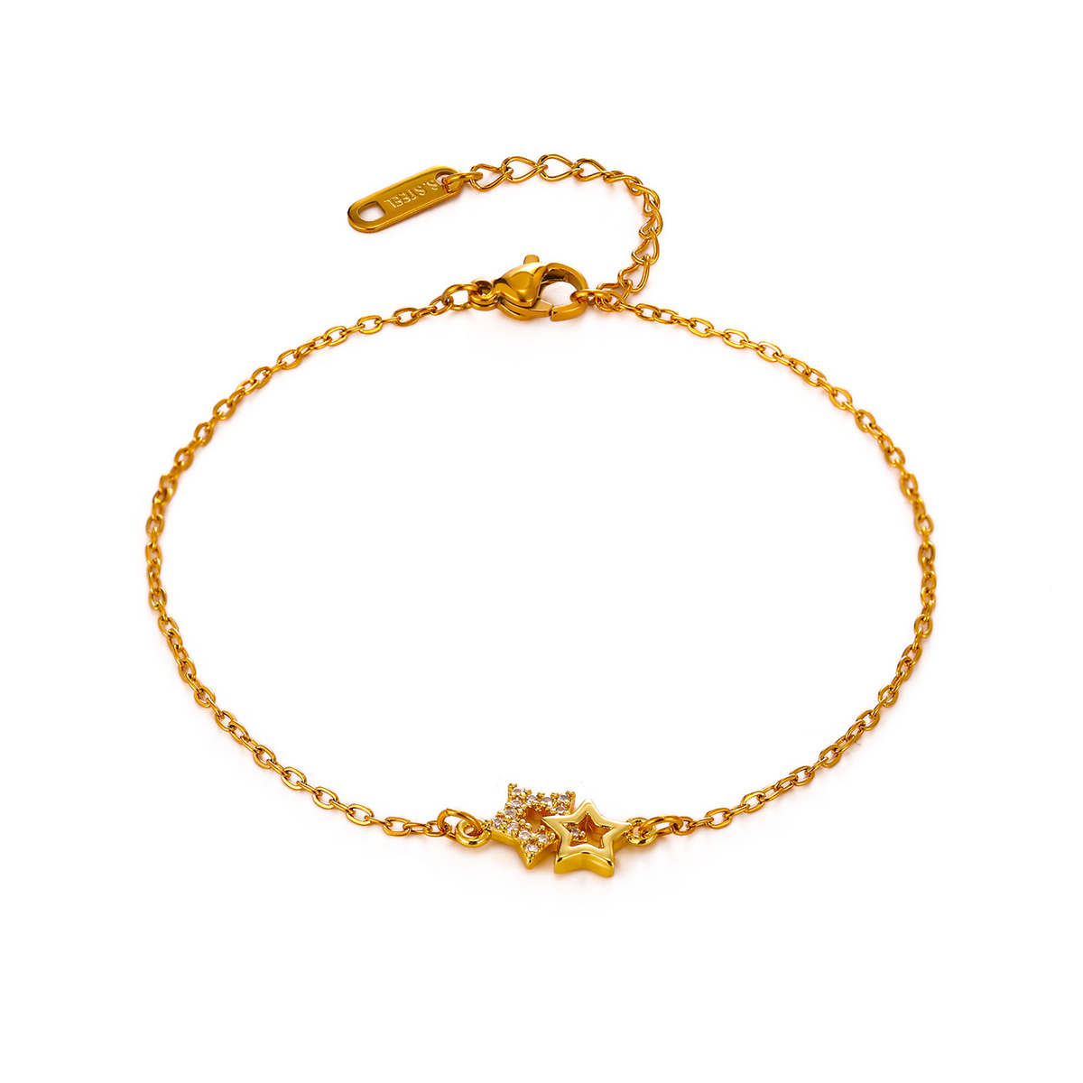 Unisex Pentagram Bracelet With Bezel Setting, 18K Real Gold Plated Copper, PVD Coated, Featuring Zircon Inlay And Cable Chain 7