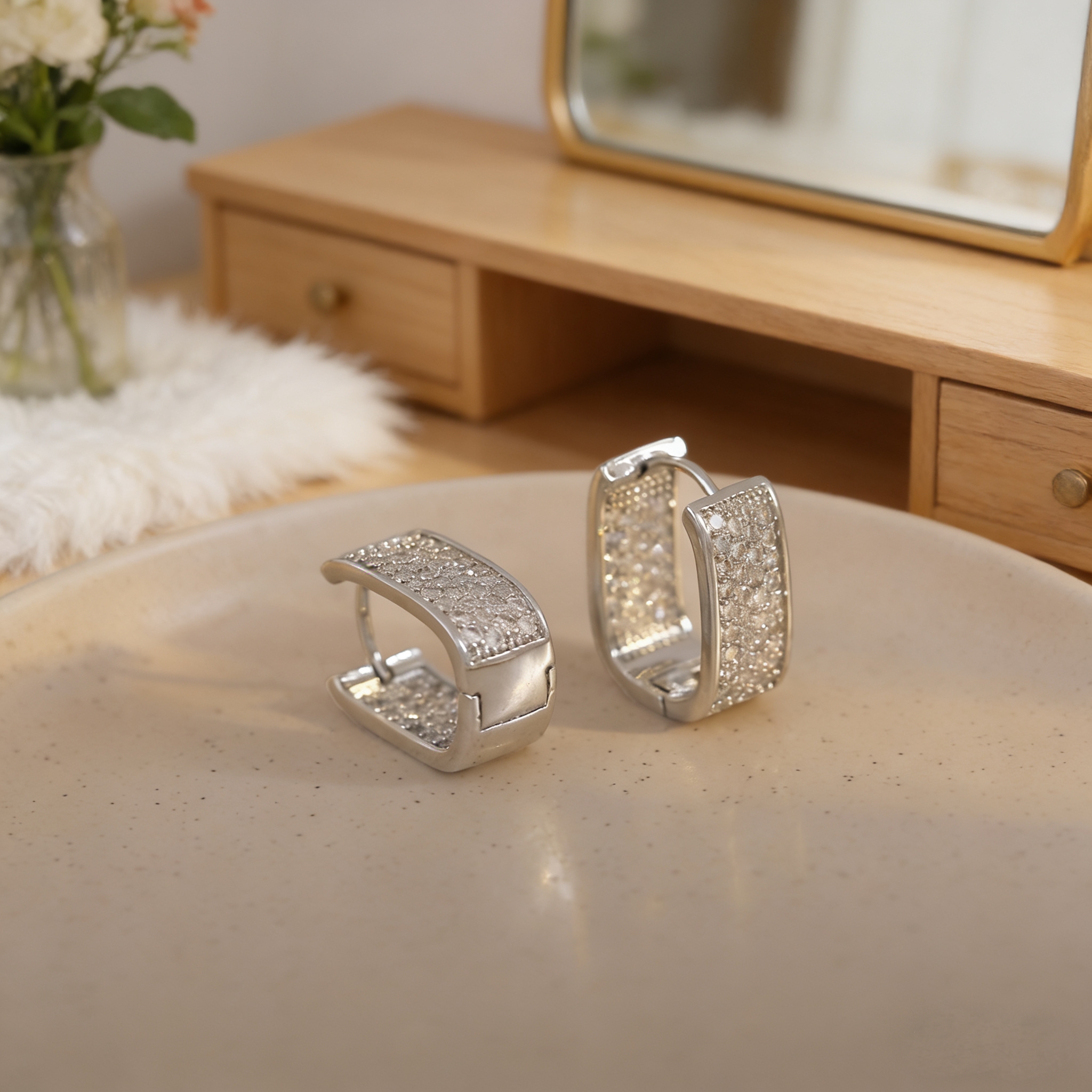 Unisex Three-dimensional Square Earrings In Copper With White K Water Plating And Zircon Inlay