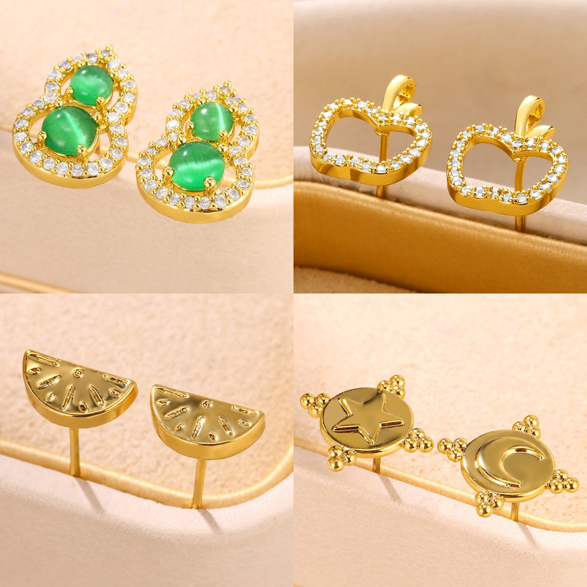 Unisex Two Tone Fruit Stud Earrings In Copper With 18K Real Gold Plated PVD Coating And Zircon Inlay