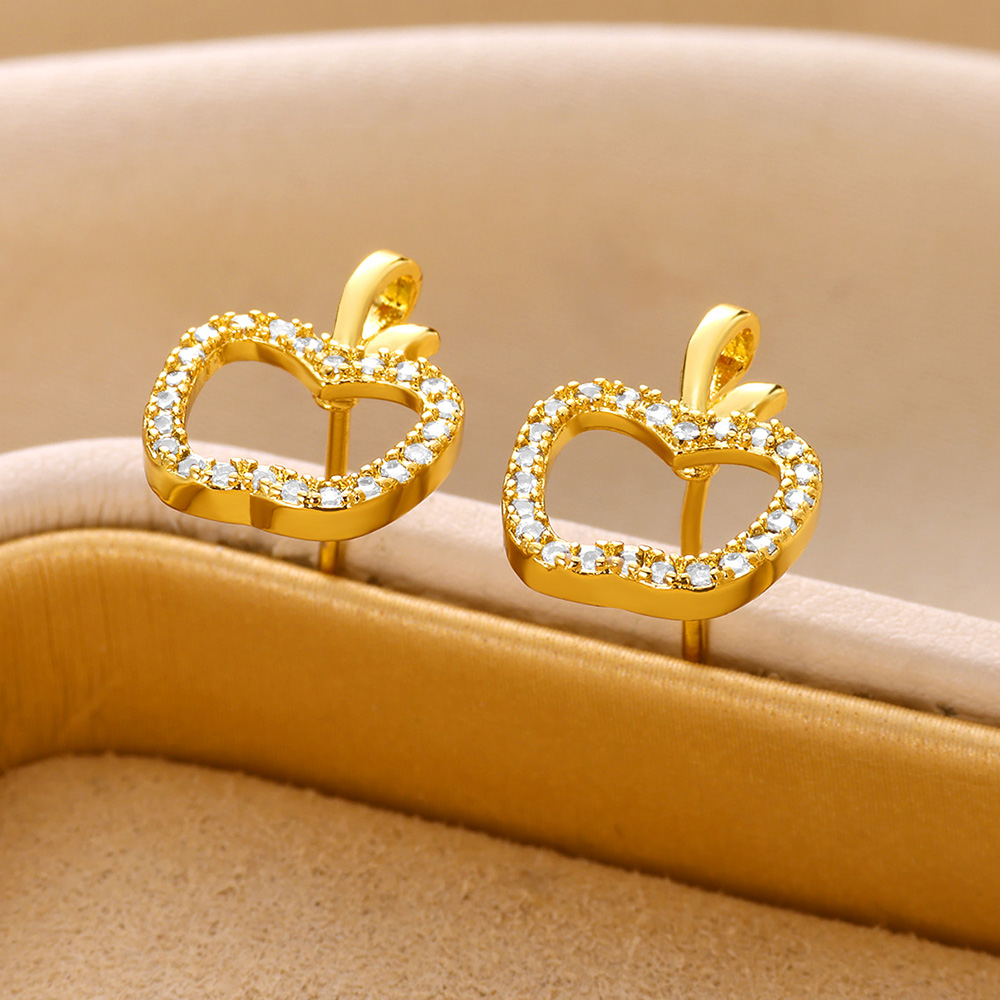 Unisex Two Tone Fruit Stud Earrings In Copper With 18K Real Gold Plated PVD Coating And Zircon Inlay 6