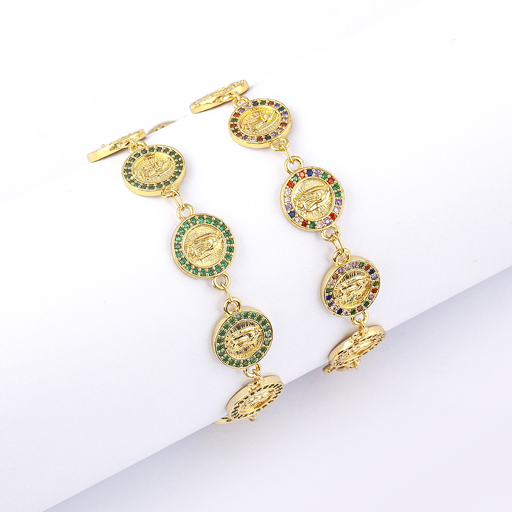 Unisex Virgin Mary Bracelet In Copper With 18K Real Gold Electroplated Finish And Zircon Inlay