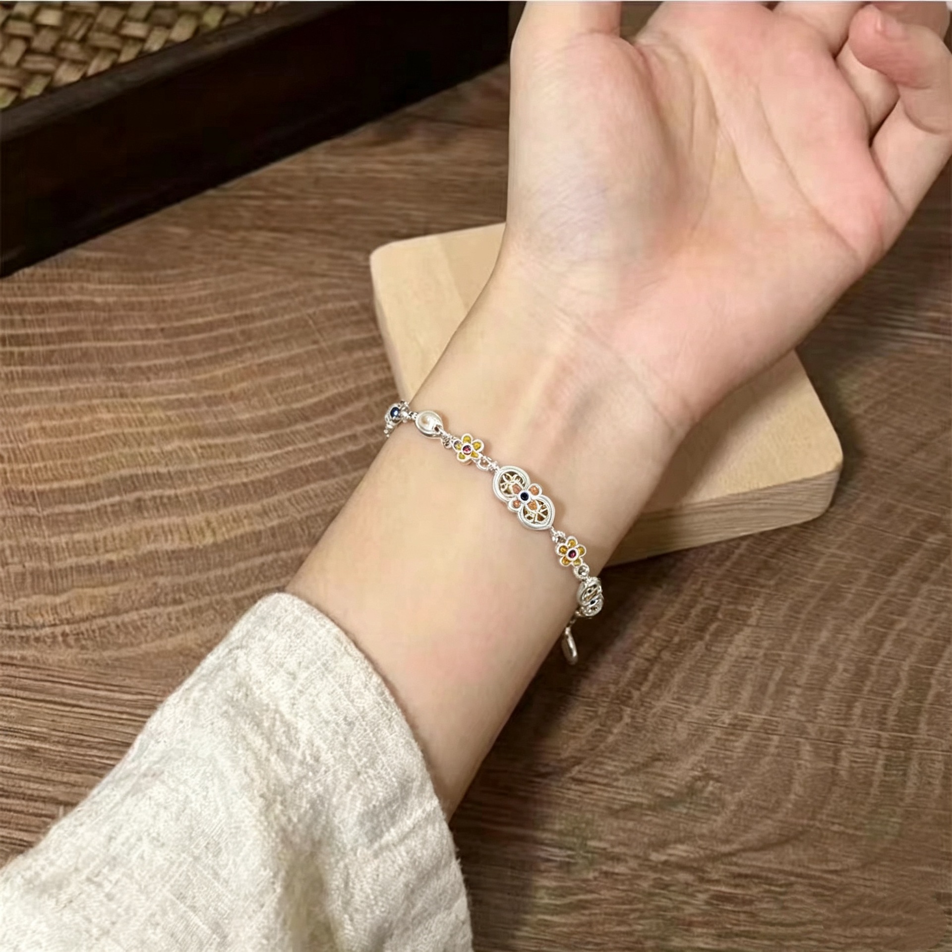 Vintage Style Enamel Flowers Copper Bracelet For Women With Glass Inlay