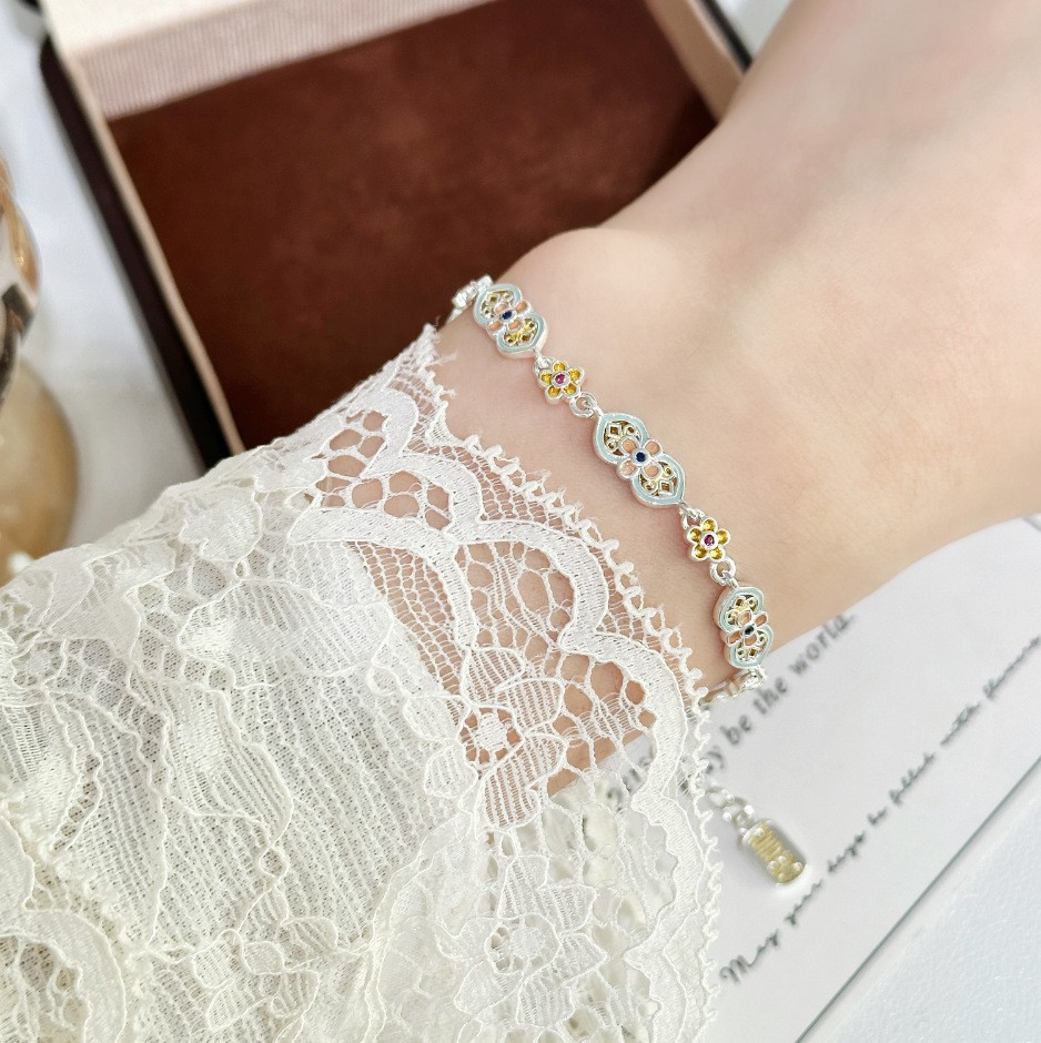 Vintage Style Enamel Flowers Copper Bracelet For Women With Glass Inlay 2