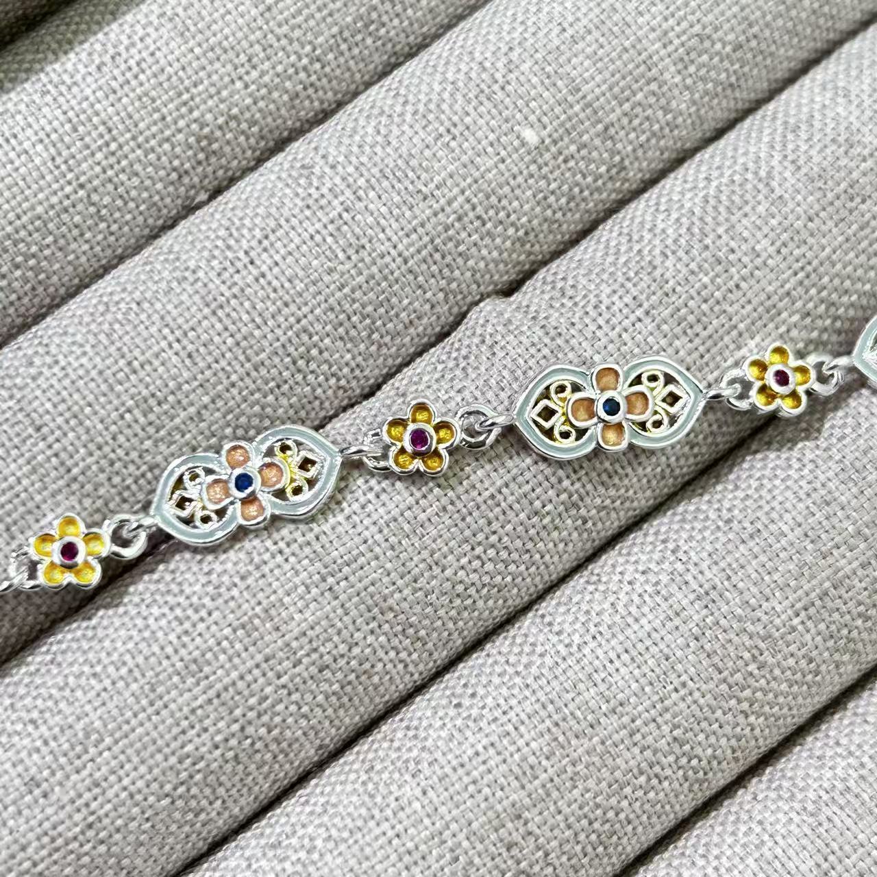 Vintage Style Enamel Flowers Copper Bracelet For Women With Glass Inlay 4