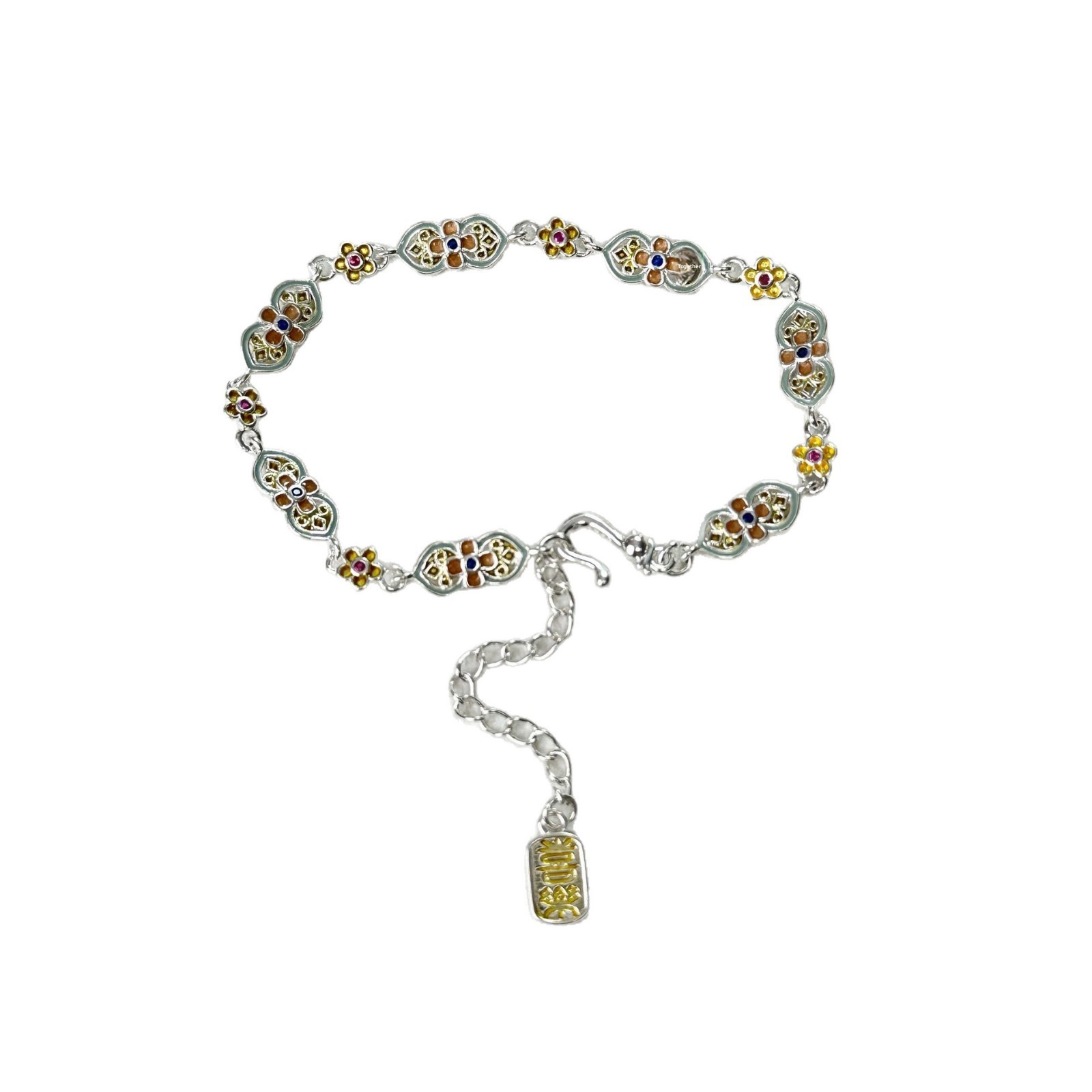 Vintage Style Enamel Flowers Copper Bracelet For Women With Glass Inlay 5