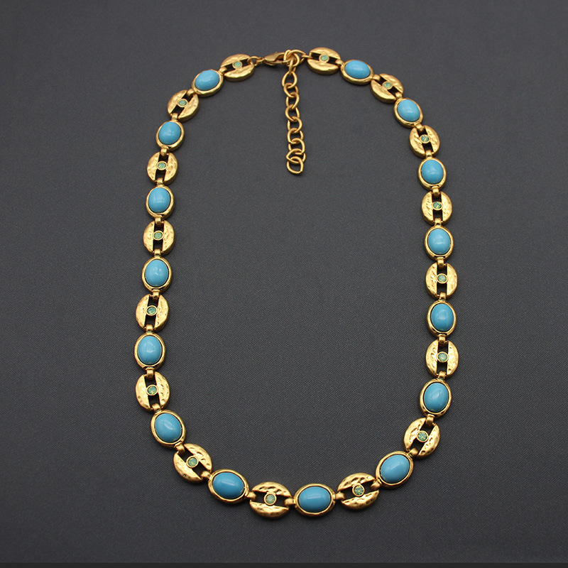 Vintage Style Geometric Gold Copper Necklace With Turquoise Inlay And Cable Chain For Women