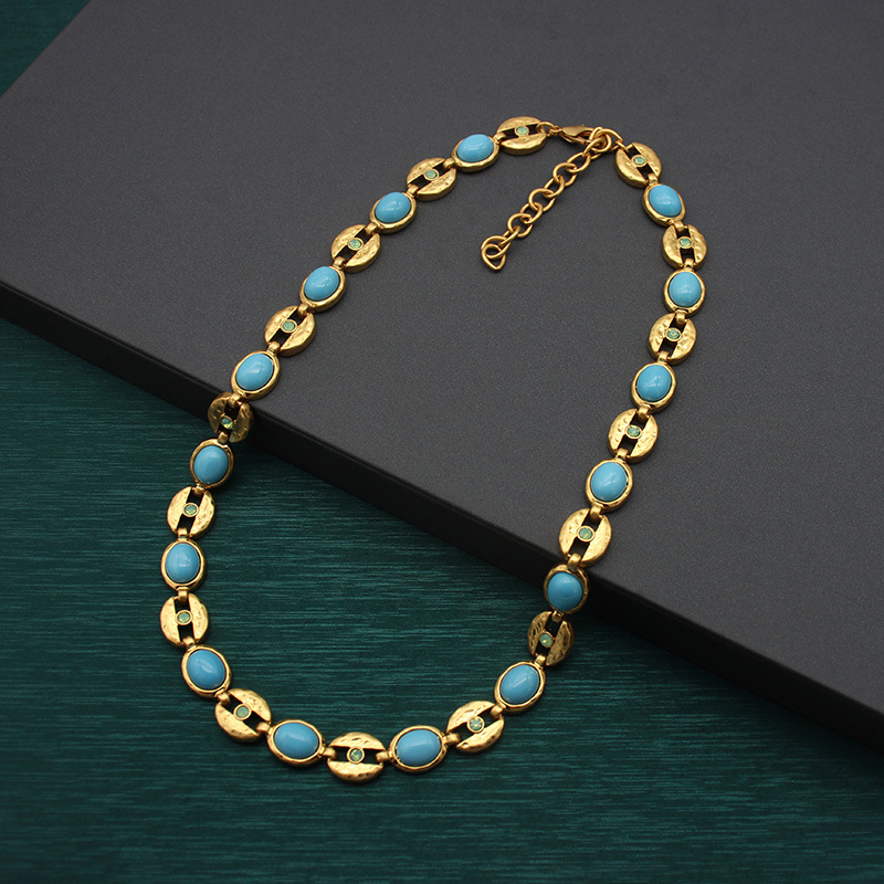 Vintage Style Geometric Gold Copper Necklace With Turquoise Inlay And Cable Chain For Women 3