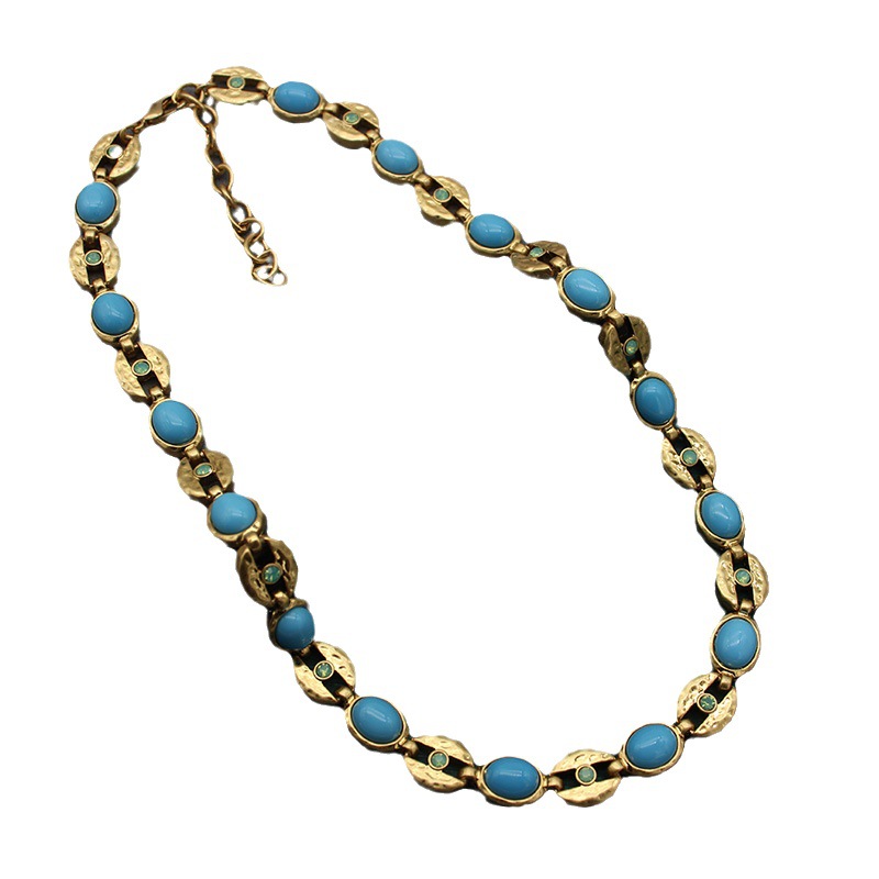 Vintage Style Geometric Gold Copper Necklace With Turquoise Inlay And Cable Chain For Women 5