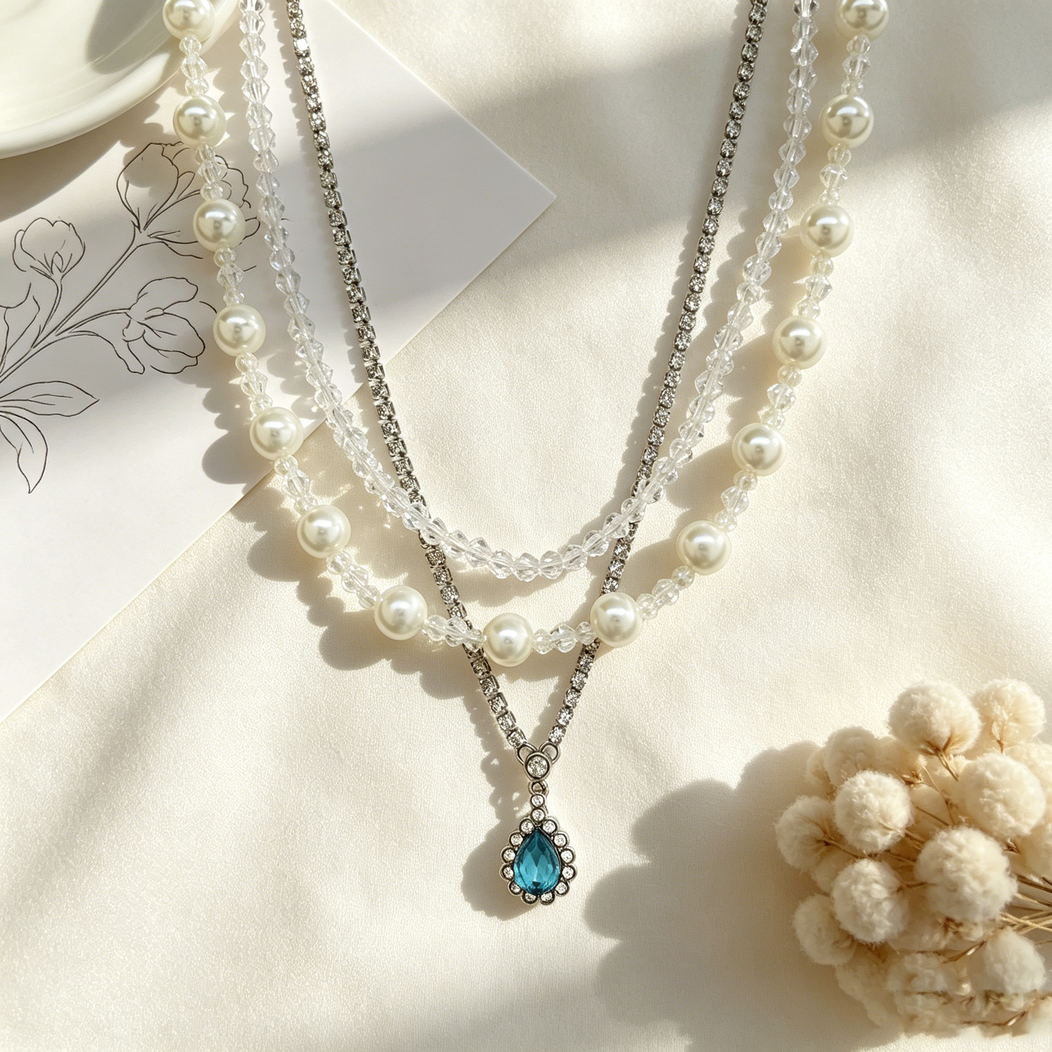 Water Droplets Beading Necklace For Women With Golden Plated Copper And Acrylic Inlay On Beaded Chain, Electroplated Finish