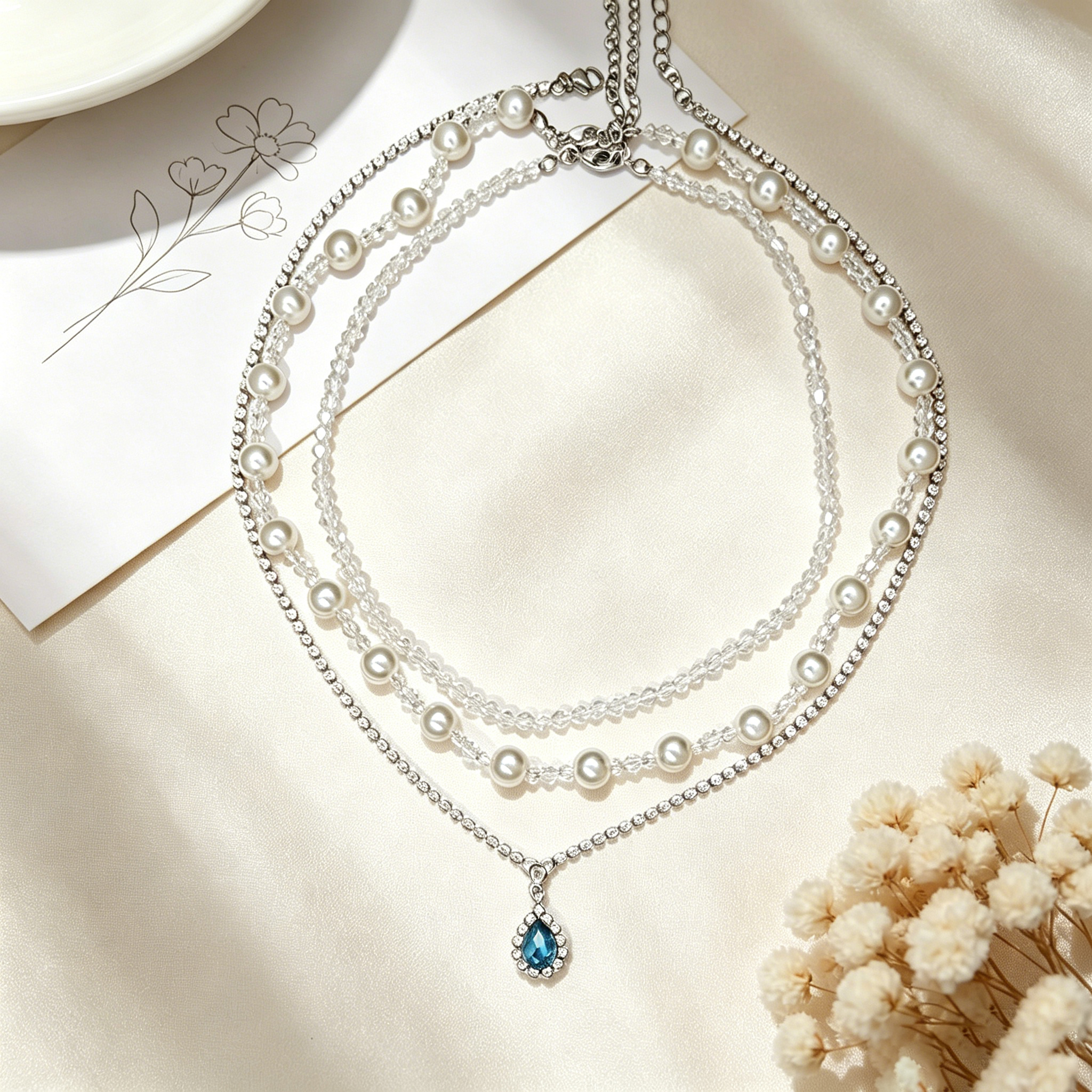 Water Droplets Beading Necklace For Women With Golden Plated Copper And Acrylic Inlay On Beaded Chain, Electroplated Finish 3