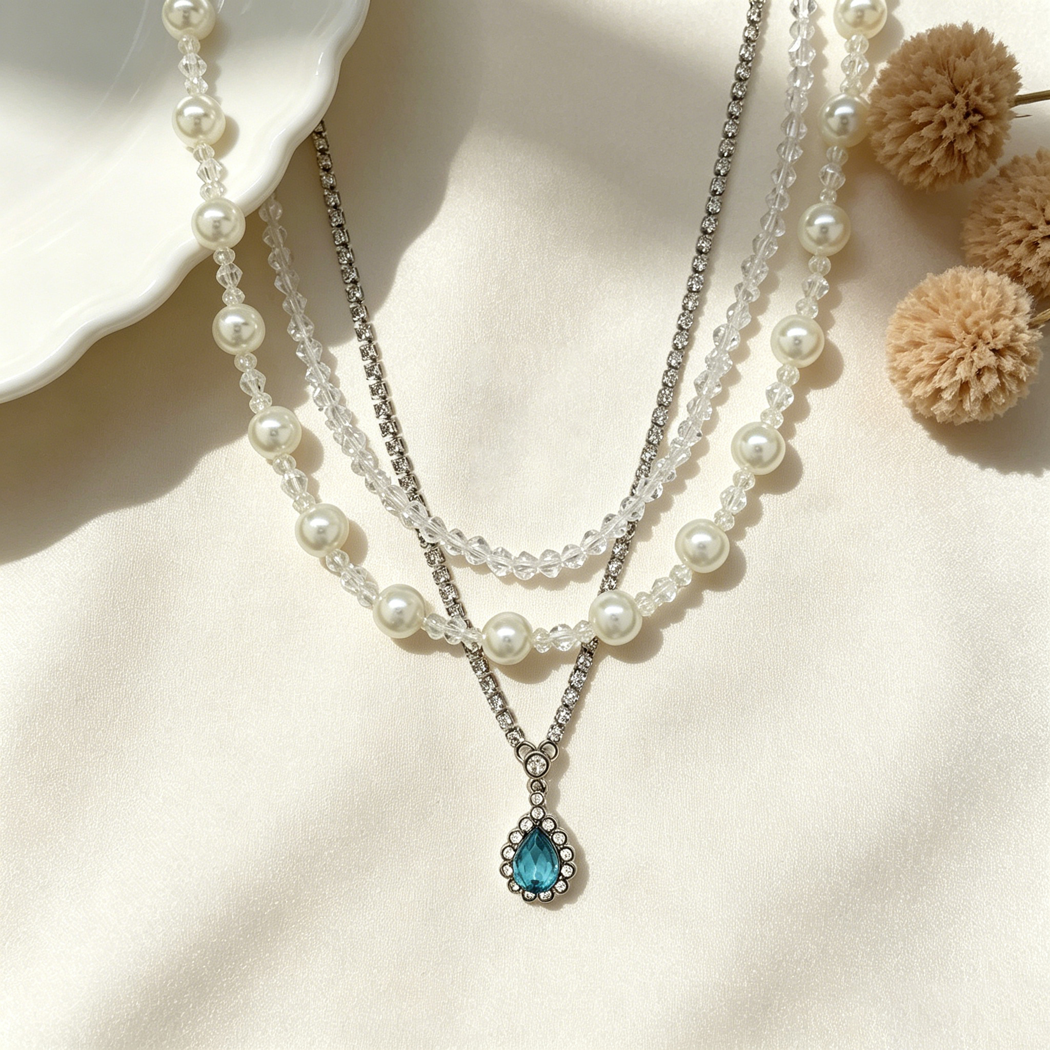 Water Droplets Beading Necklace For Women With Golden Plated Copper And Acrylic Inlay On Beaded Chain, Electroplated Finish 4