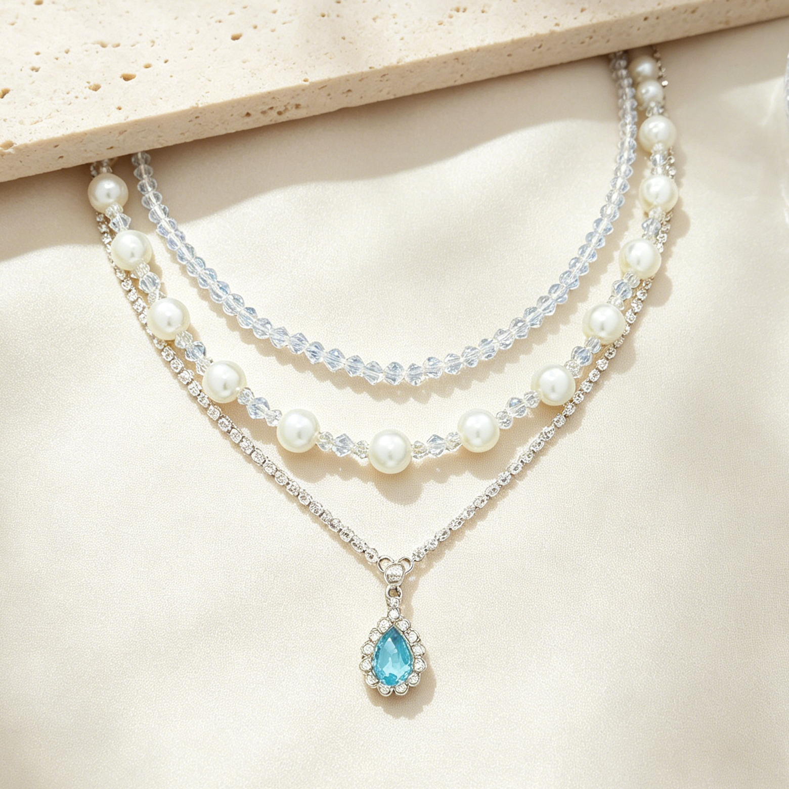 Water Droplets Beading Necklace For Women With Golden Plated Copper And Acrylic Inlay On Beaded Chain, Electroplated Finish 6