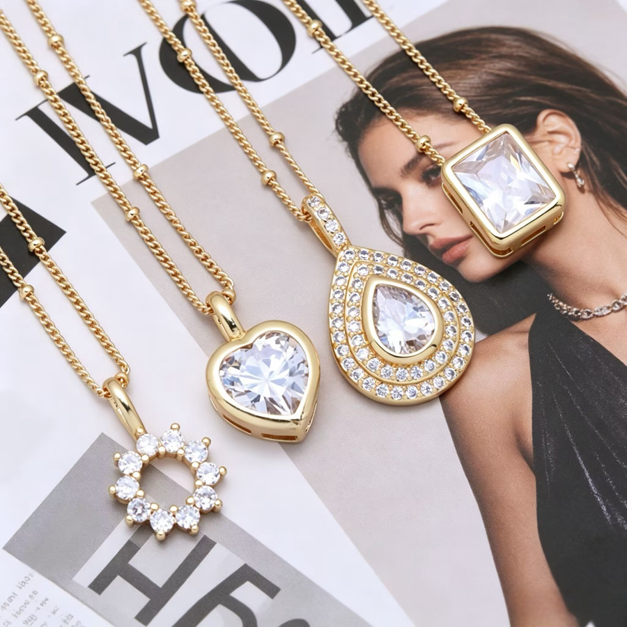 Water Droplets Inlay Pendant Necklace For Women In Copper With 18K Real Gold Plated PVD Coating And Zircon On Cable Chain 2