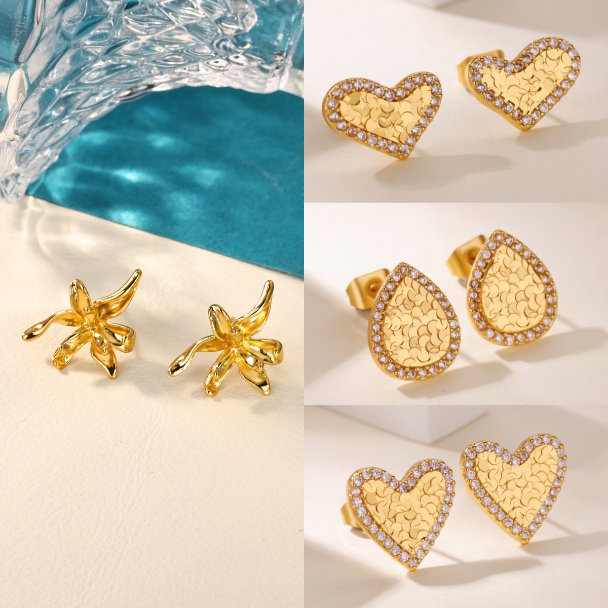 Water Droplets Earrings, Waterproof Non Tarnish PVD Coated 18K Gold Plated Copper With Zircon Inlay
