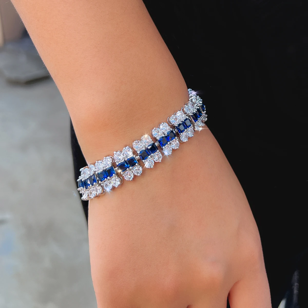 Water Plated White Gold Copper Material Inlaid Zircon Geometric Rhodium Plated (Jewelry) Waterproof Non-Fading Tennis Bracelet For Women Wide Full Diamond Date Christmas Gift 9