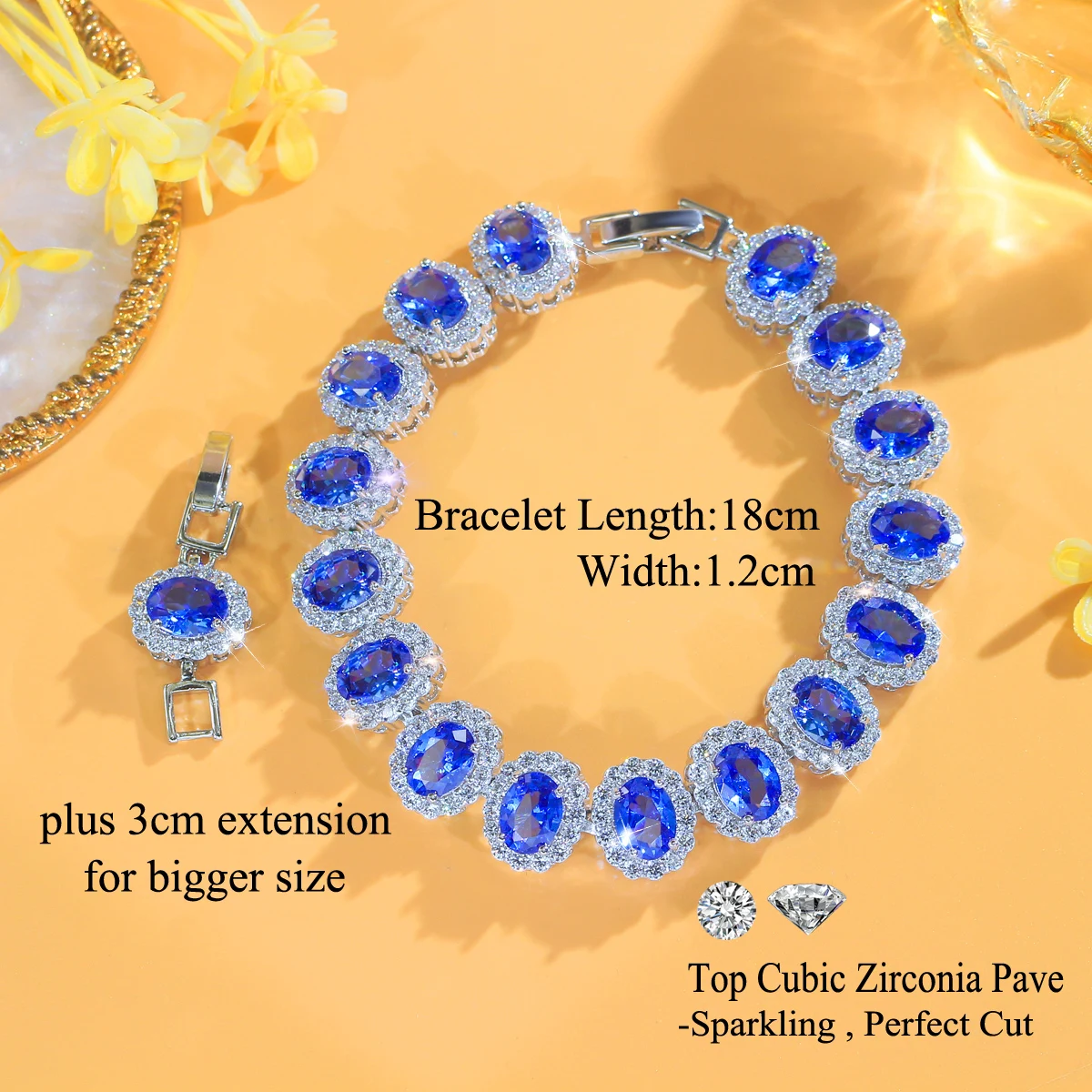 Water Plated White Gold Inlaid Oval Blue/Transparent Zircon Rhodium Plated Copper Material Geometric Waterproof Non-Fading Tennis Chain Bracelet For Women Christmas 2