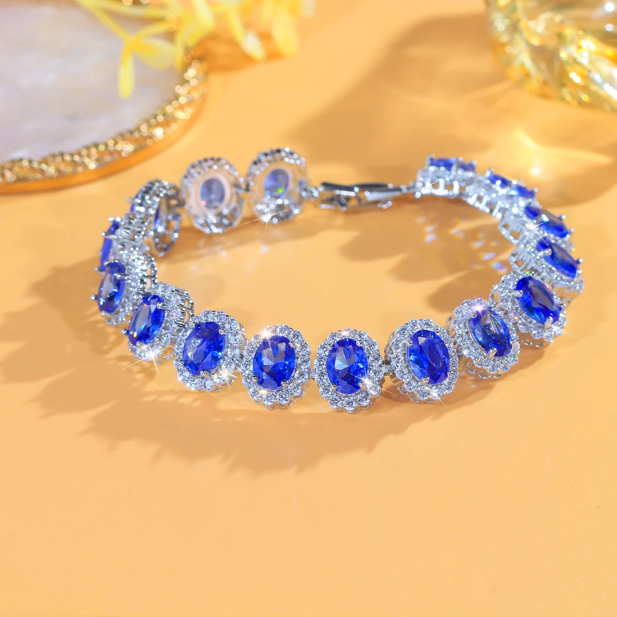 Water Plated White Gold Inlaid Oval Blue/Transparent Zircon Rhodium Plated Copper Material Geometric Waterproof Non-Fading Tennis Chain Bracelet For Women Christmas 5