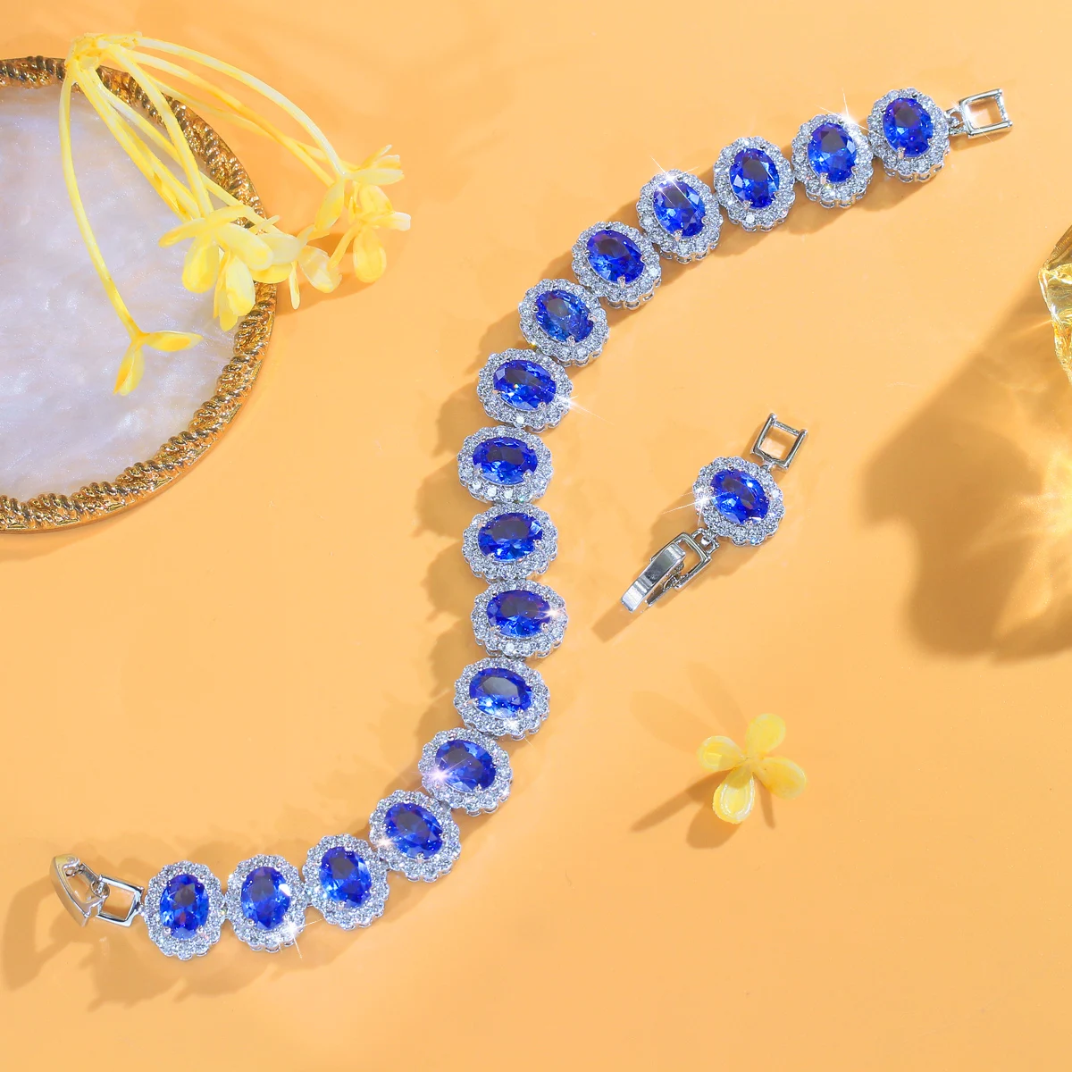 Water Plated White Gold Inlaid Oval Blue/Transparent Zircon Rhodium Plated Copper Material Geometric Waterproof Non-Fading Tennis Chain Bracelet For Women Christmas 6